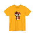 White t-shirt with a graphic of a raised fist holding the word 'Resist' on a white background