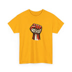 White t-shirt with a graphic of a raised fist holding the word 'Resist' on a white background
