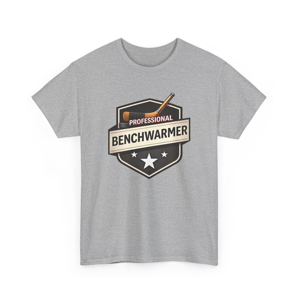Gray t-shirt with 'Professional Benchwarmer' graphic on a white background