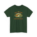 Green t-shirt with camping graphic and 'The Great Outdoors Adventure Awaits' text on a white background
