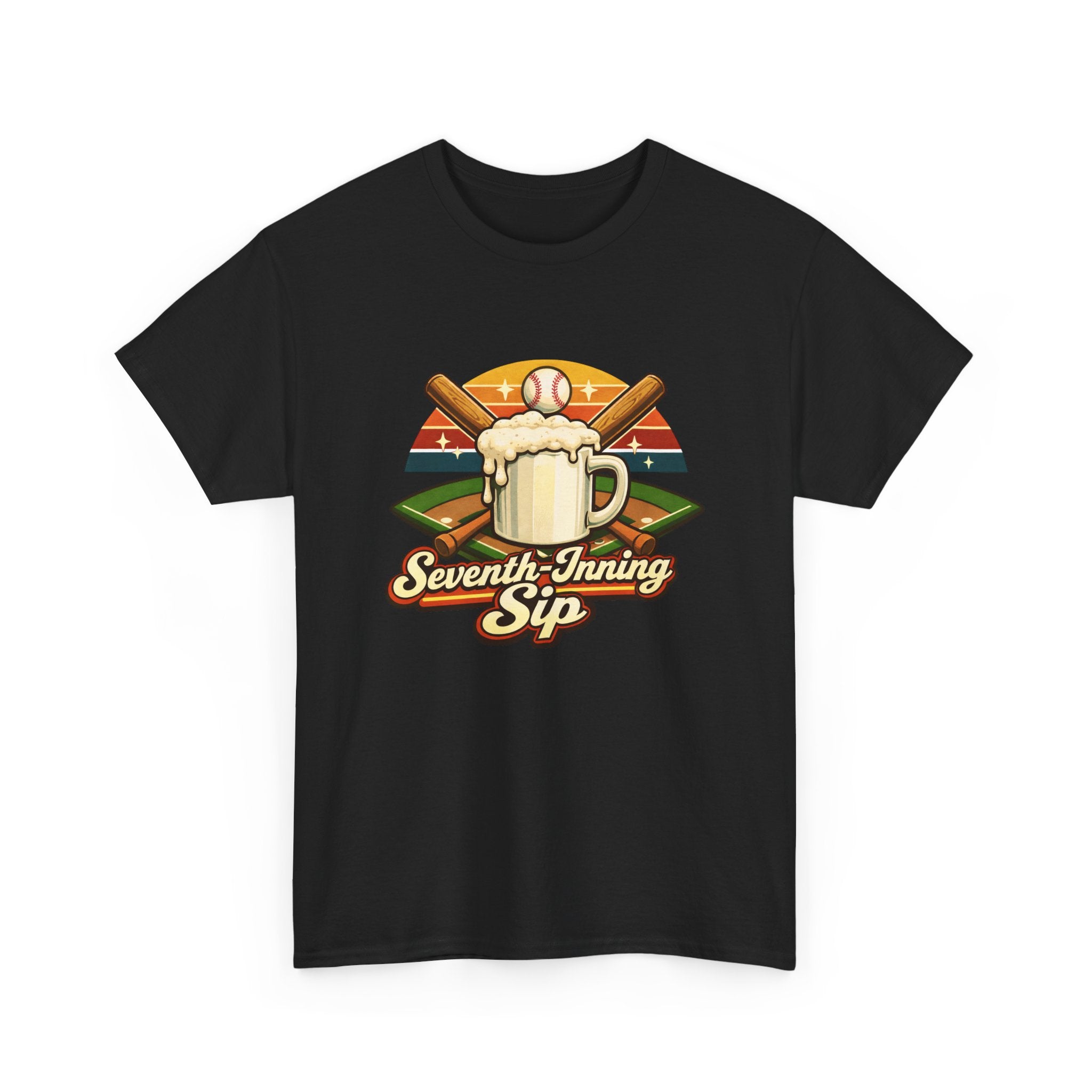 Black t-shirt with 'Seventh-Inning Sip' graphic design featuring a mug, baseball, and mountains on a white background.