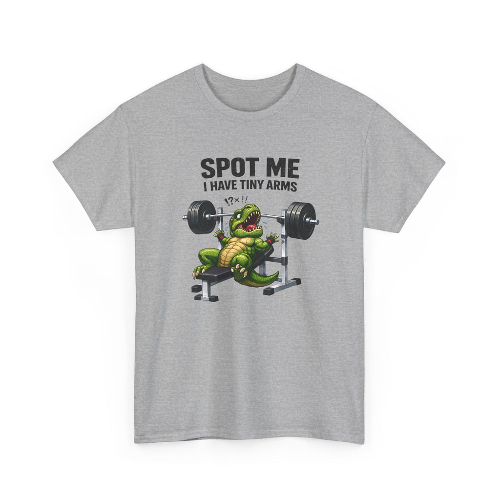 Gray t-shirt with a graphic of a t rex lifting weights and text 'Spot me I have tiny arms' on a white background.