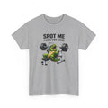Gray t-shirt with a graphic of a t rex lifting weights and text 'Spot me I have tiny arms' on a white background.