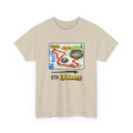 Beige t-shirt with a graphic design of a map and text 'ETA: 3 Beers' on a white background