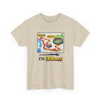 Beige t-shirt with a graphic design of a map and text 'ETA: 3 Beers' on a white background