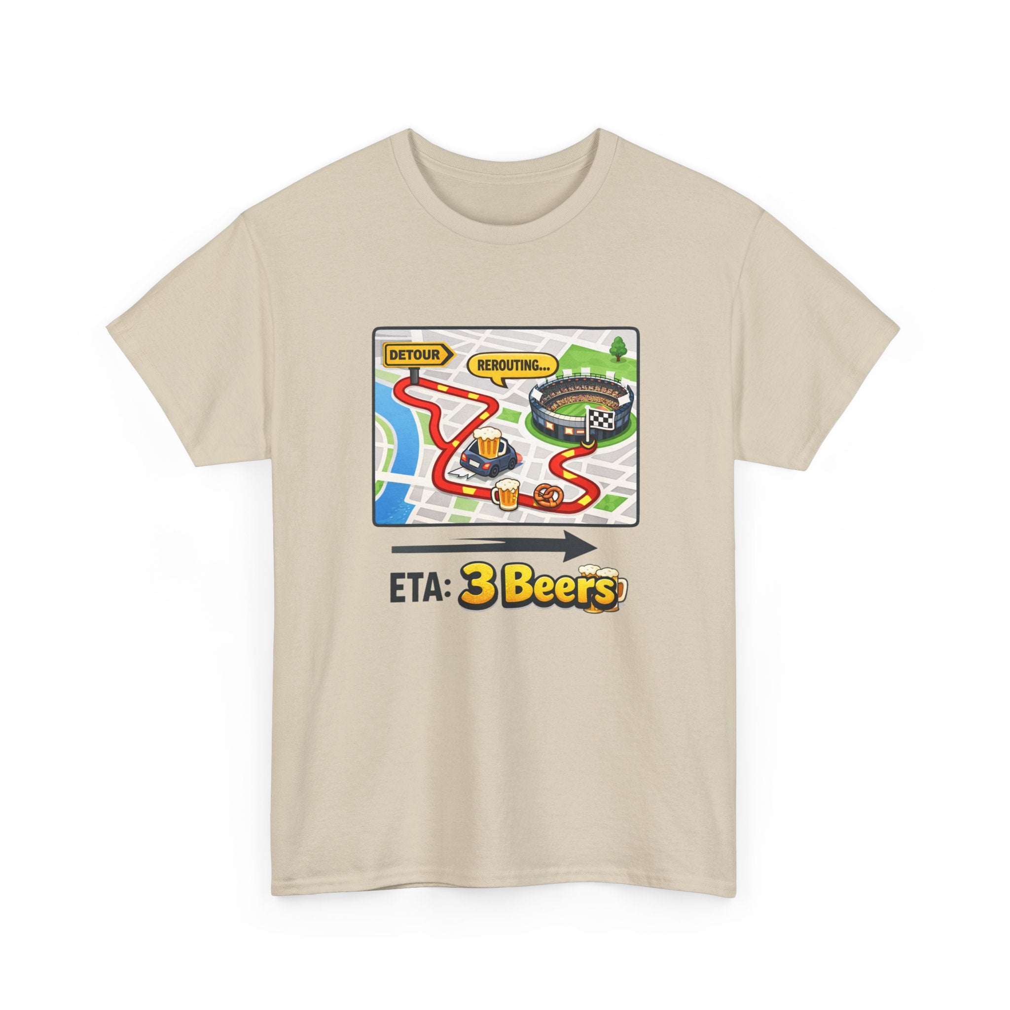 Beige t-shirt with a graphic design of a map and text 'ETA: 3 Beers' on a white background