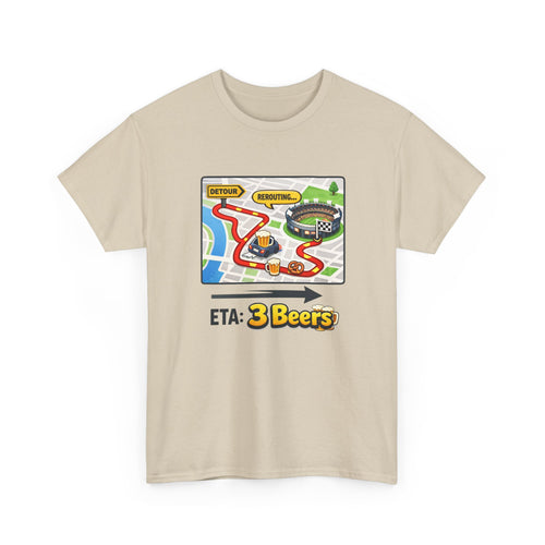 Beige t-shirt with a graphic design of a map and text 'ETA: 3 Beers' on a white background