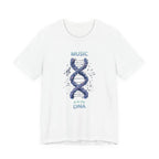Artistic illustration of a DNA double helix formed from swirling musical notes and sound waves with the text ‘Music Is in My DNA,’ creative music-themed graphic.