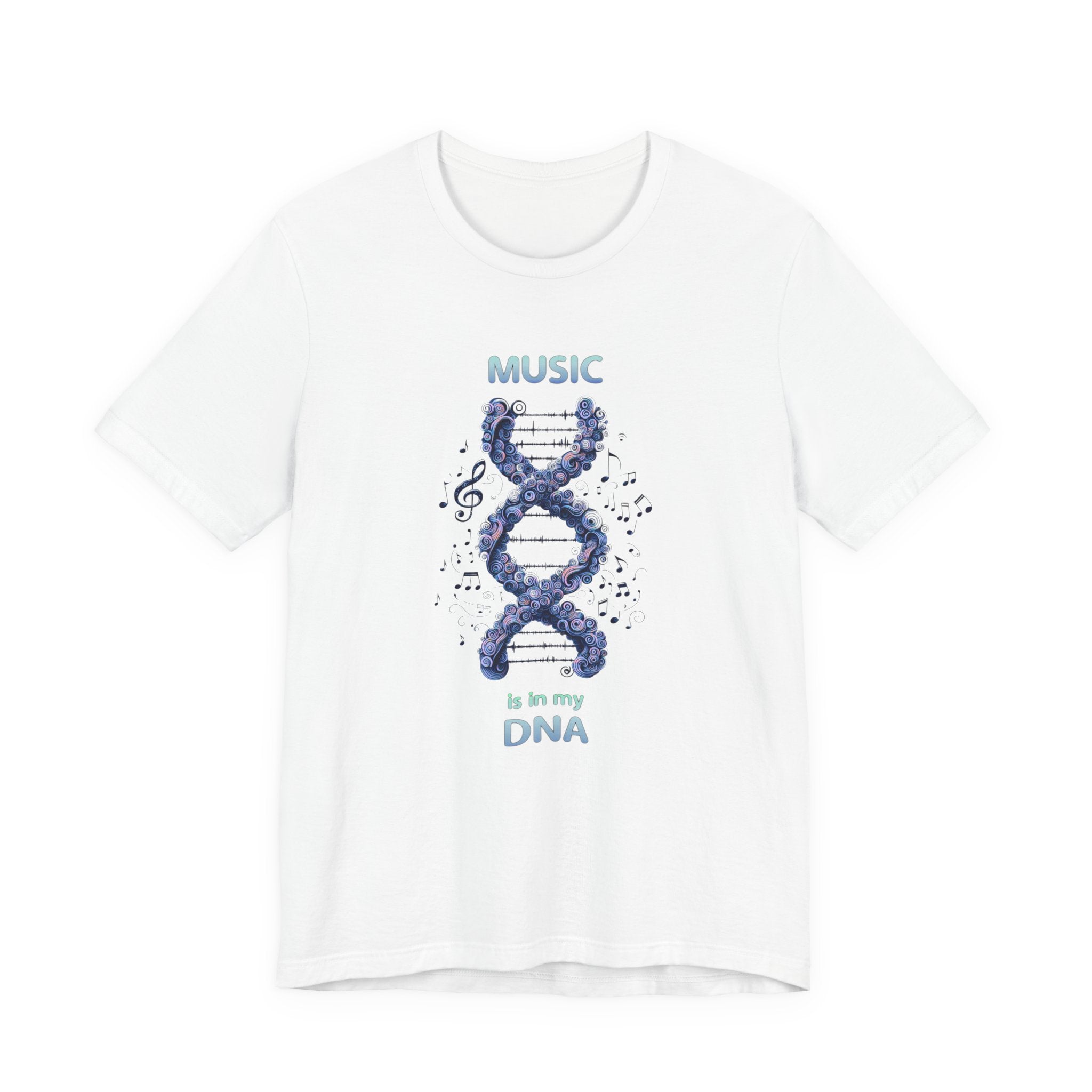 Artistic illustration of a DNA double helix formed from swirling musical notes and sound waves with the text ‘Music Is in My DNA,’ creative music-themed graphic.