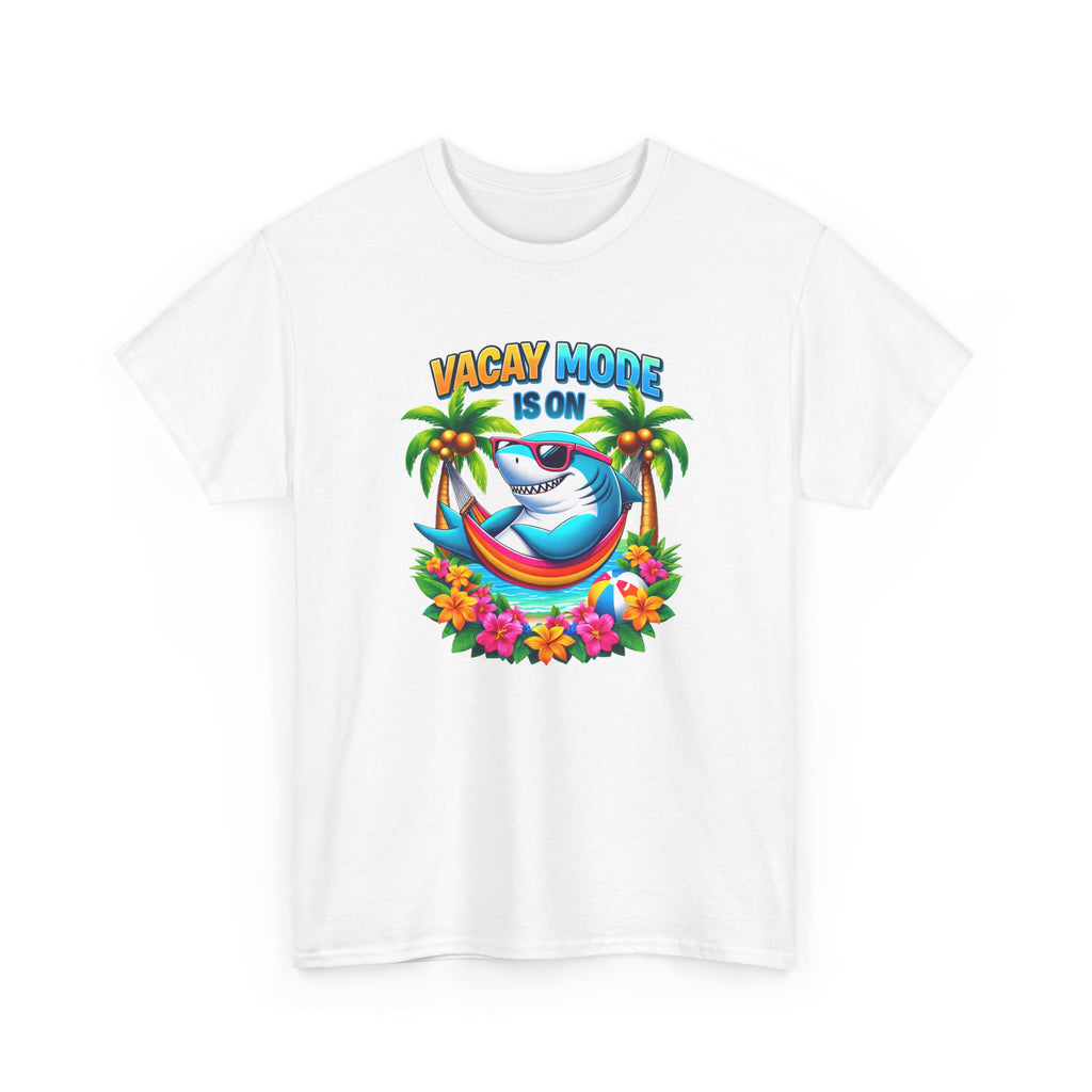 White t-shirt with a colorful shark graphic and 'Vacay Mode is On' text on a white background