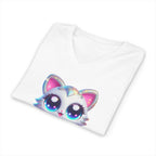 Kawaii Glitter Kitty V-Neck Tee — Cute Big-Eyed Cat Graphic Shirt