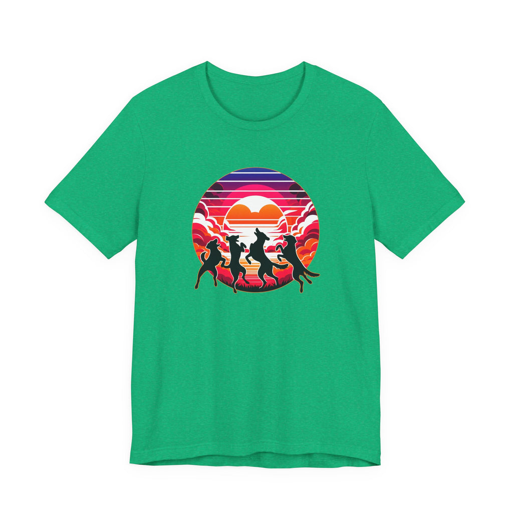 Retro Sunset Dancing Dogs T-Shirt — Vintage Rainbow Skyline Graphic Tee