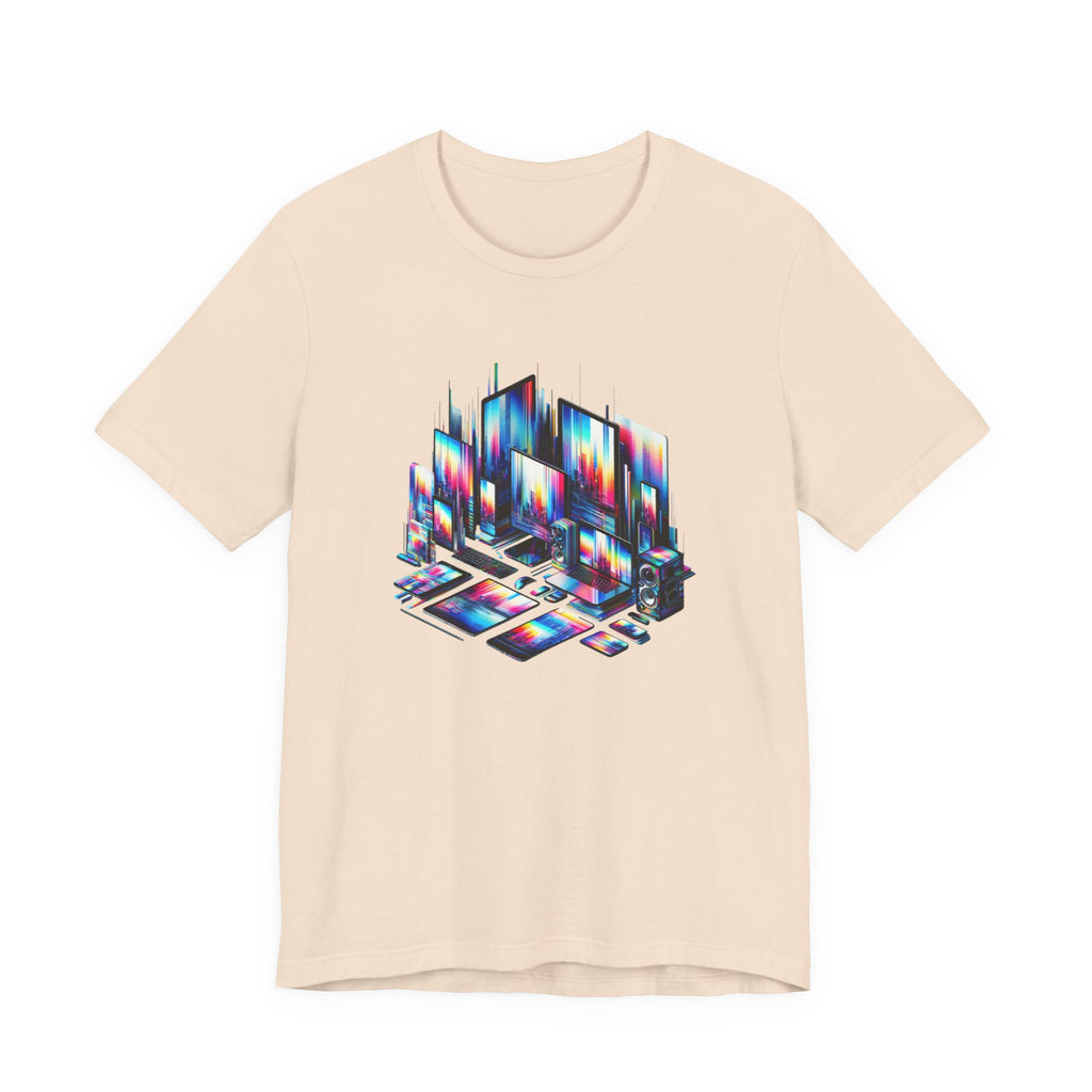 Retro Glitch City T-Shirt — Neon Vaporwave Pixel Tech Devices Tee
