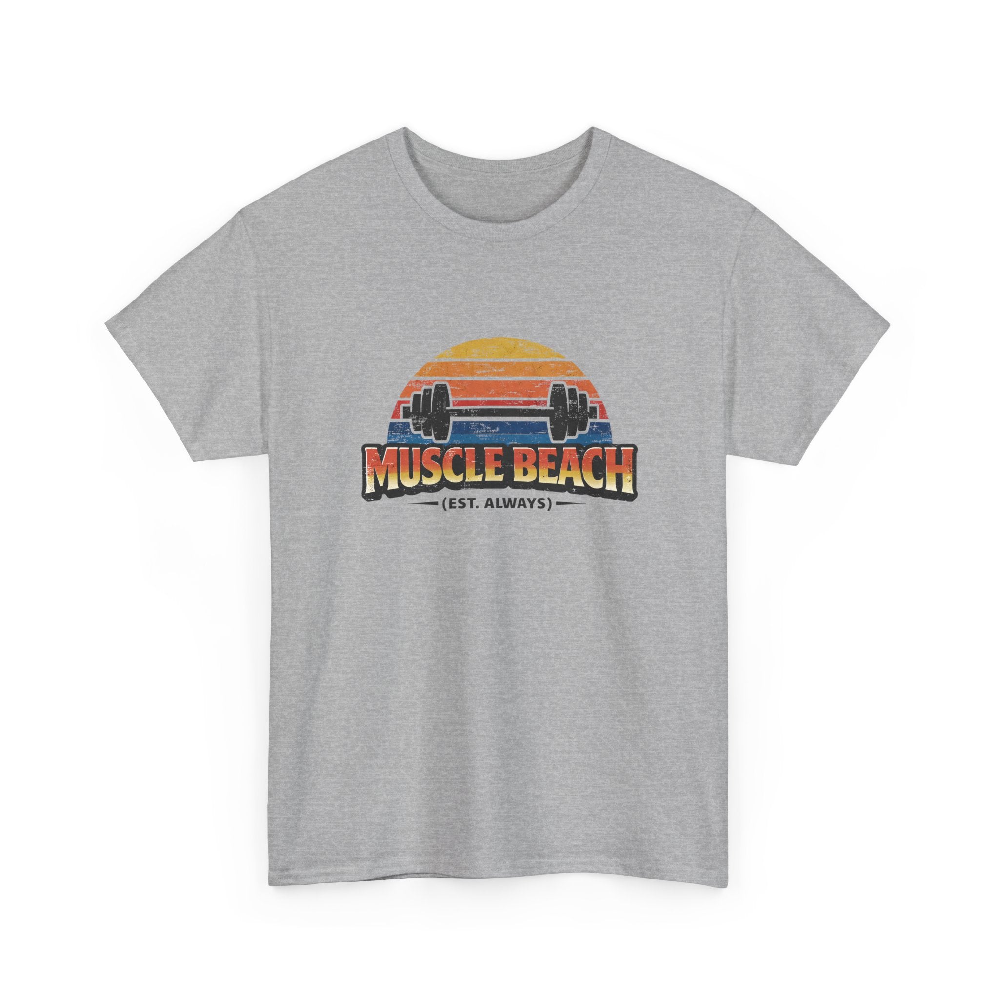 Retro Muscle Beach Tee – Vintage Sunset Barbell Fitness Shirt (Est. Always)