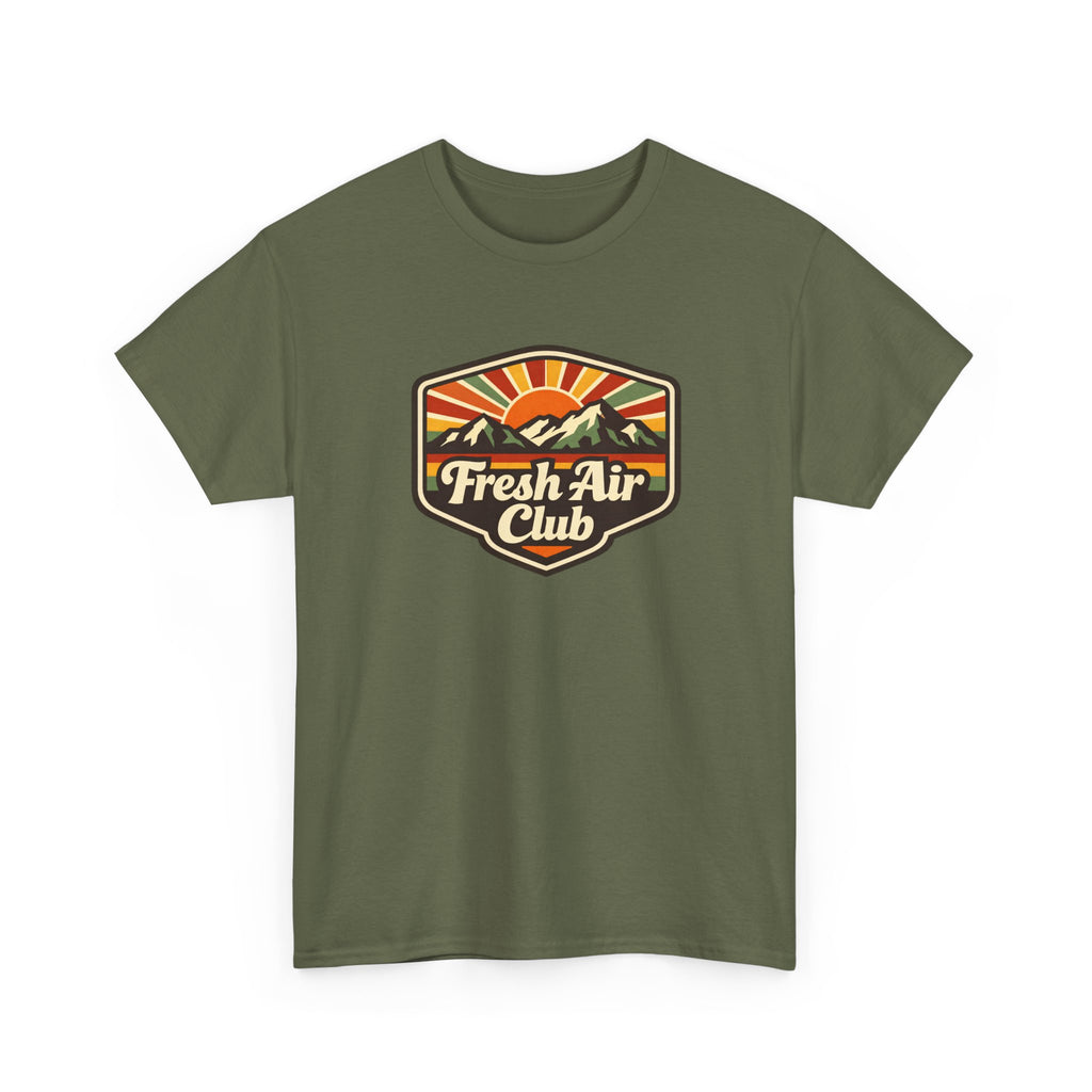 Green t-shirt with 'Fresh Air Club' logo on a white background