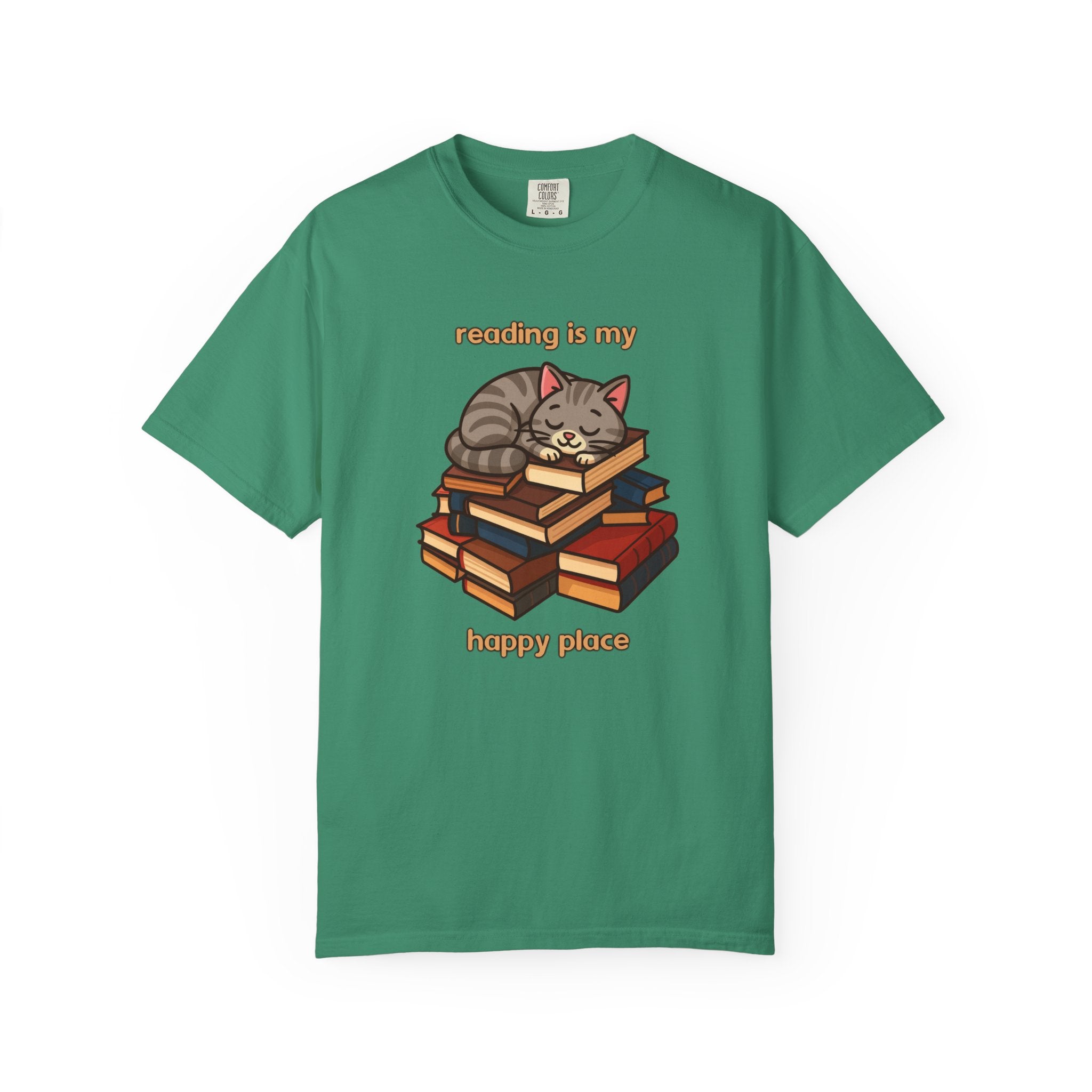 Reading Is My Happy Place T-Shirt — Cute Cat on Books Graphic Tee