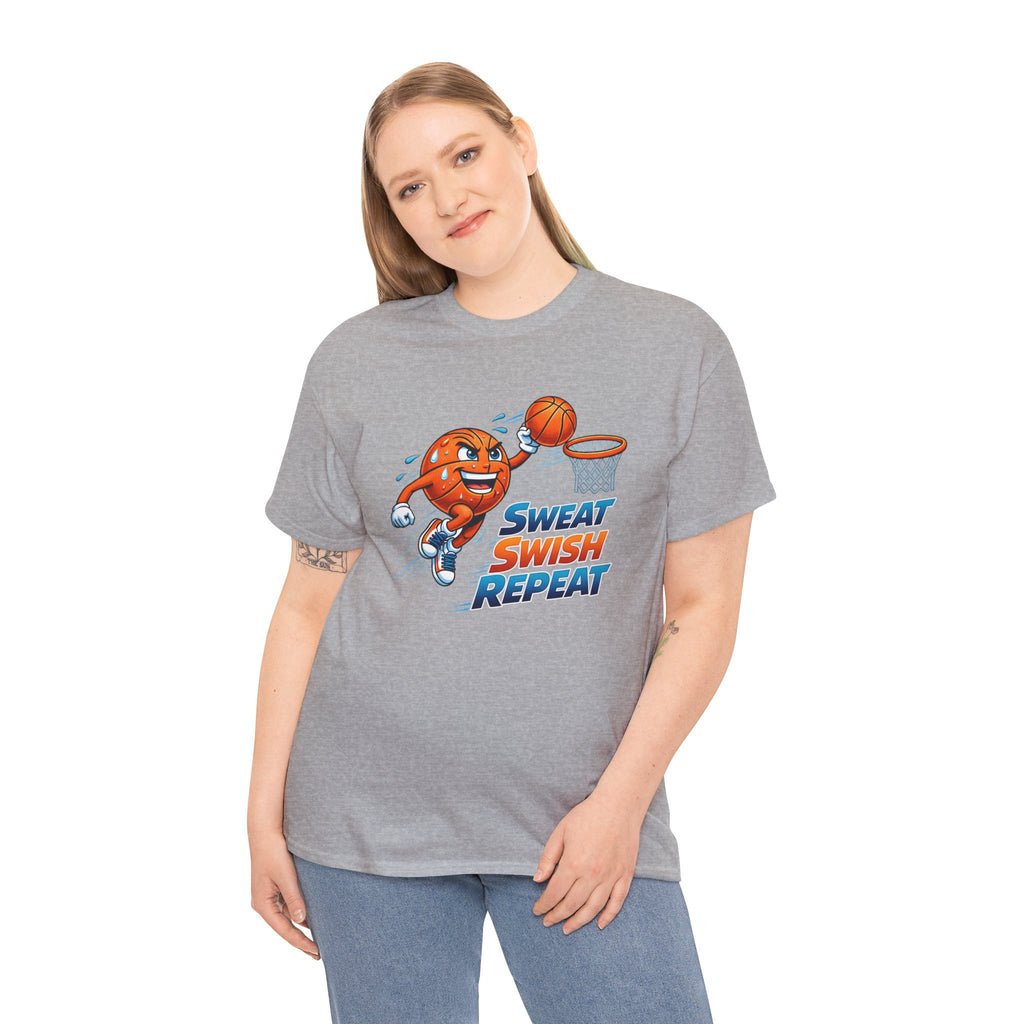 Sweat Swish Repeat Basketball T‑Shirt — Fun Hoop Cartoon Graphic Tee
