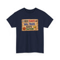 Navy blue funny sports t-shirt with a graphic design on a white background