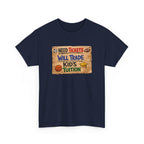 Navy blue funny sports t-shirt with a graphic design on a white background