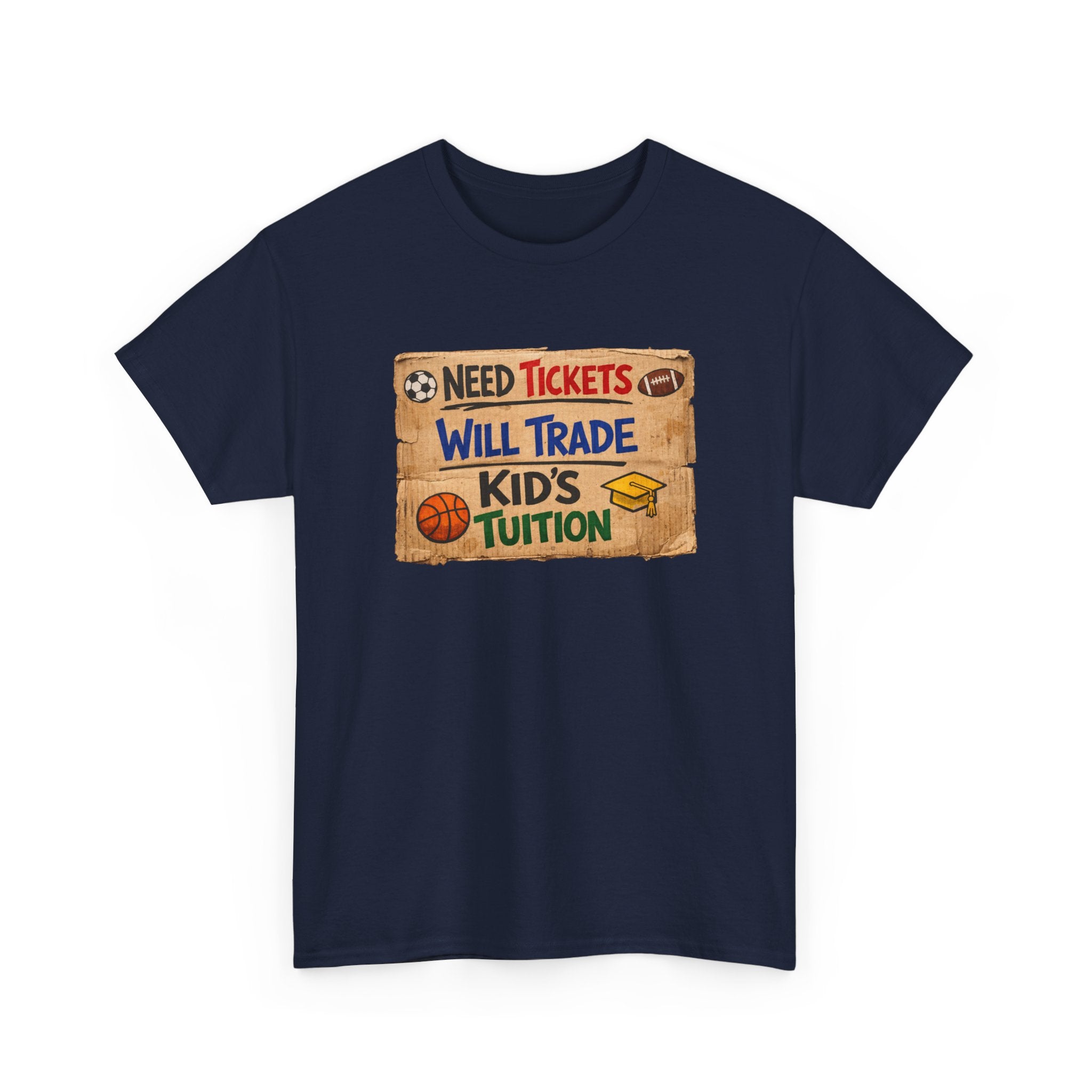 Navy blue funny sports t-shirt with a graphic design on a white background