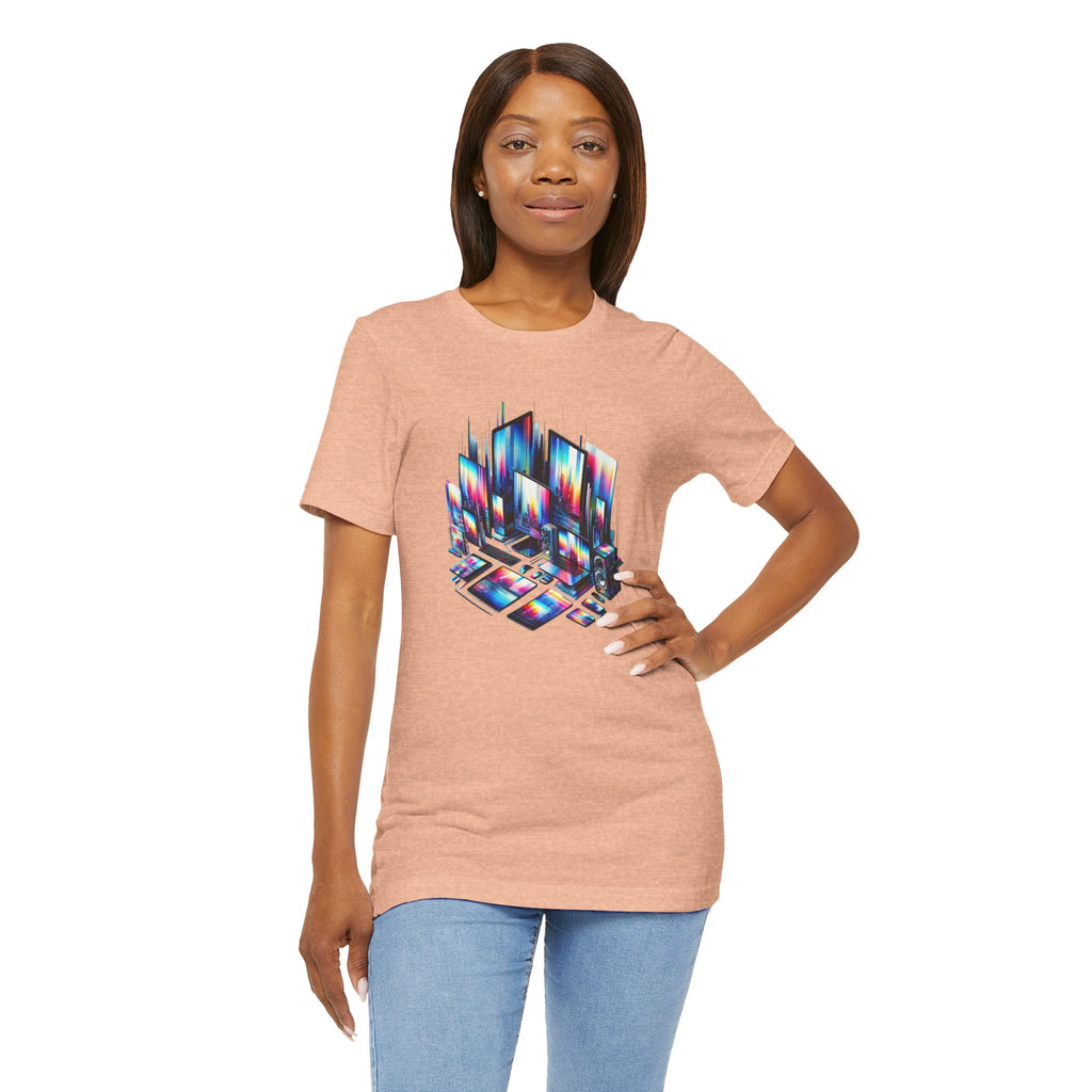 Retro Glitch City T-Shirt — Neon Vaporwave Pixel Tech Devices Tee