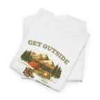 Get Outside Camping T-Shirt — Retro Mountain Tent & Campfire Tee