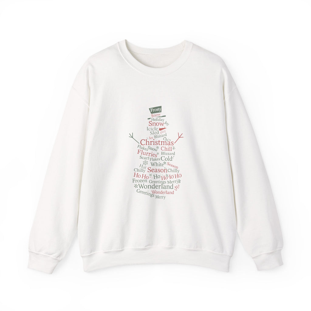 Image of the shape of a snowman made out of Christmas and winter themed words in red and green colored text.