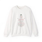 Image of the shape of a snowman made out of Christmas and winter themed words in red and green colored text.