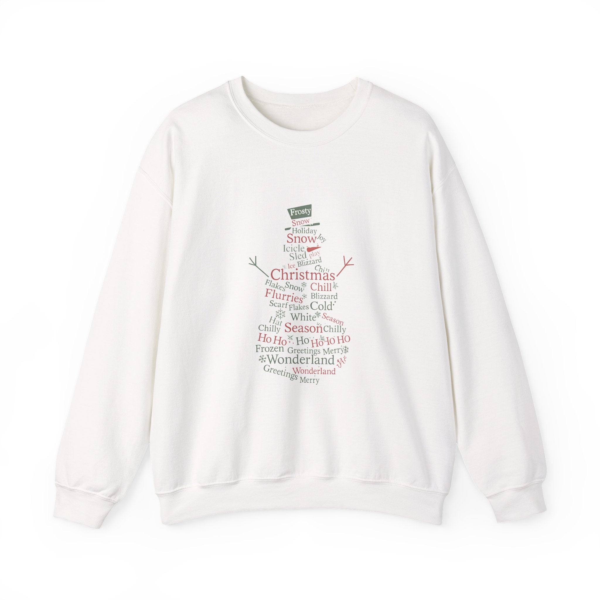 Image of the shape of a snowman made out of Christmas and winter themed words in red and green colored text.