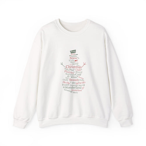 Image of the shape of a snowman made out of Christmas and winter themed words in red and green colored text.
