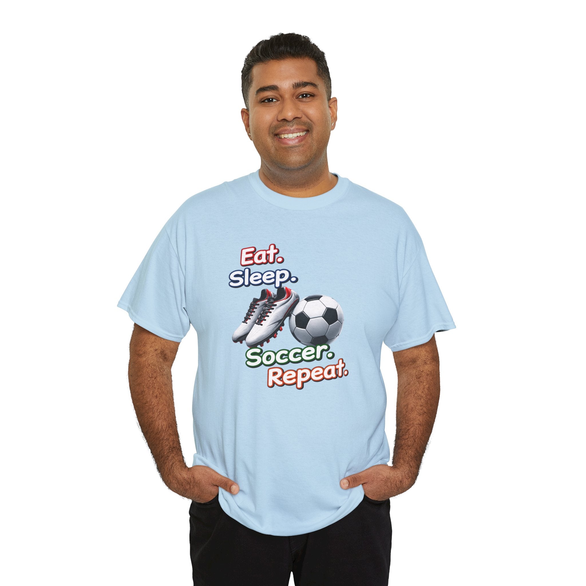 Soccer T-Shirt — "Eat. Sleep. Soccer. Repeat." Graphic Tee for Players & Fans