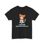 Black t-shirt with a cat holding a soccer ball and text 'i just hope both teams have fun' on a white background