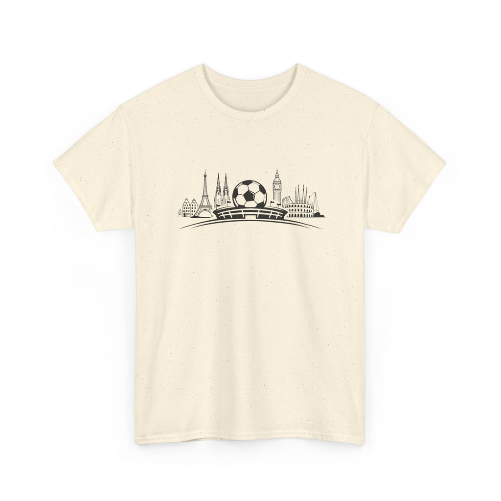 Beige t-shirt with black graphic design on a white background