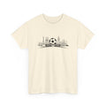 Beige t-shirt with black graphic design on a white background