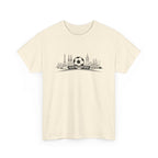 Beige t-shirt with black graphic design on a white background