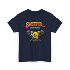 Retro Workout Tee — "Sweat Is... (You Know)" Smiley Weightlifting Fat Crying Graphic Shirt