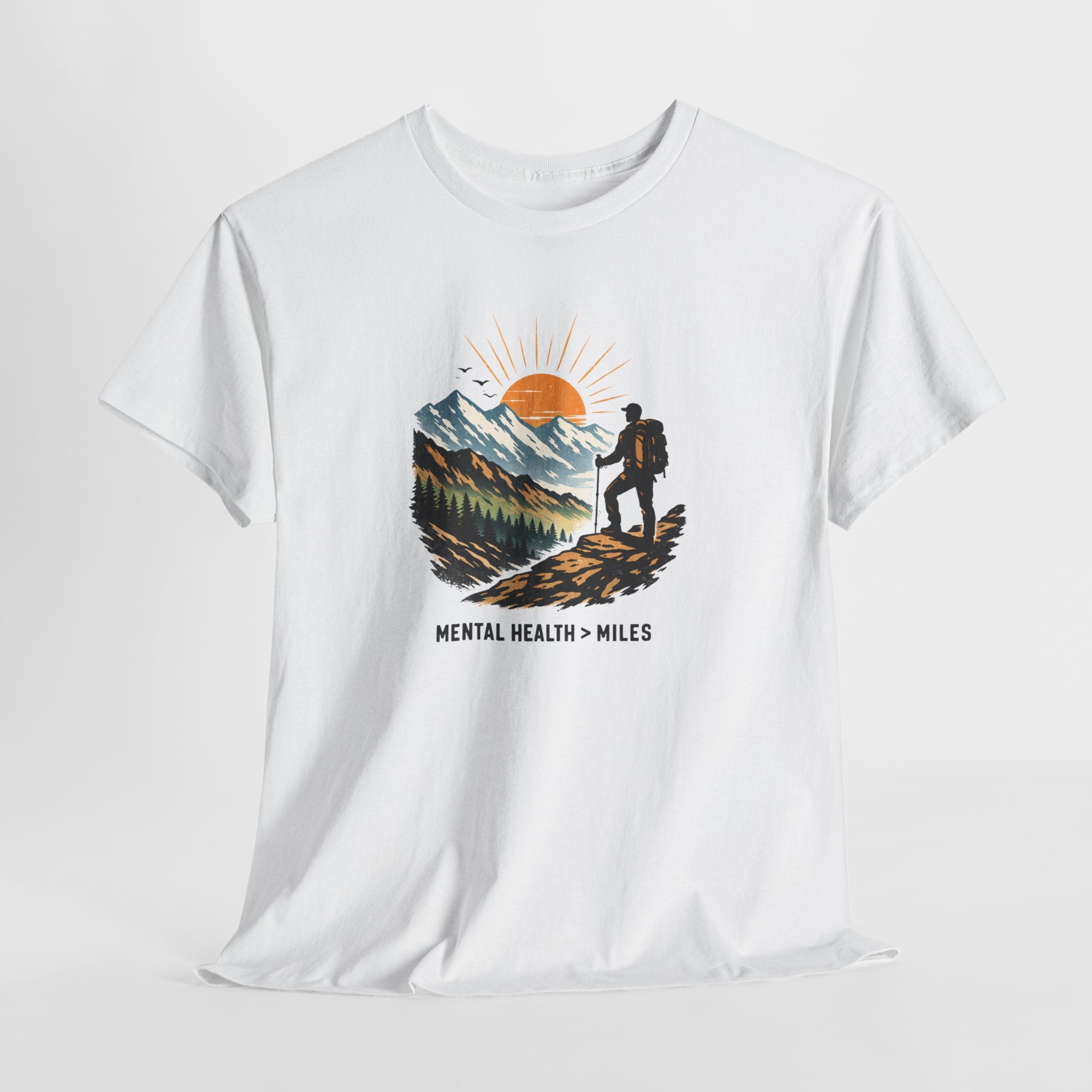 Hiking Graphic Tee — "Mental Health Greater Than Miles" Mountain Sunset Shirt