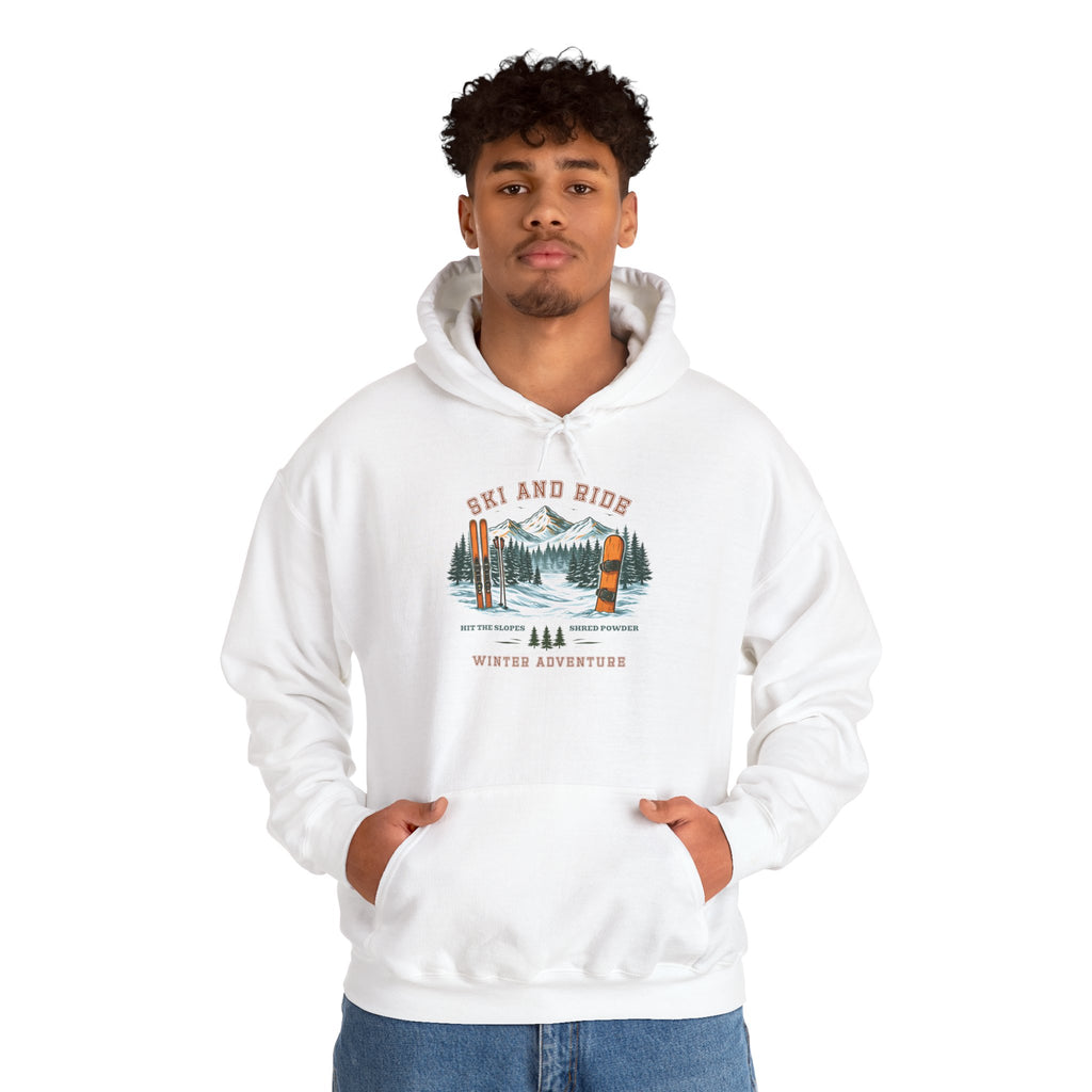 Ski and Ride Hoodie — Vintage Mountain Winter Adventure Pullover