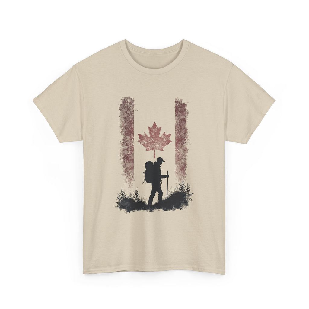 Hiking Canada T‑Shirt — Maple Leaf Backpacker Silhouette Tee
