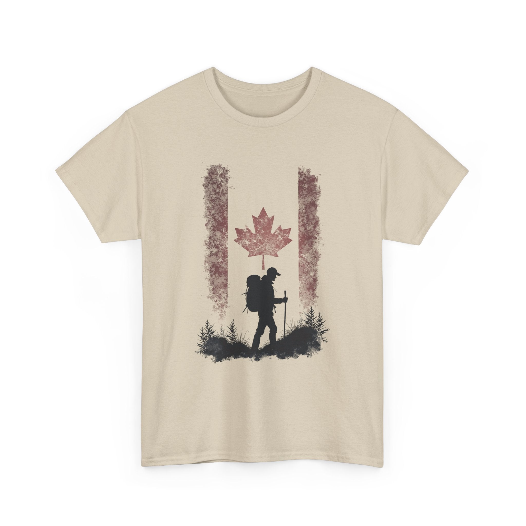 Hiking Canada T‑Shirt — Maple Leaf Backpacker Silhouette Tee