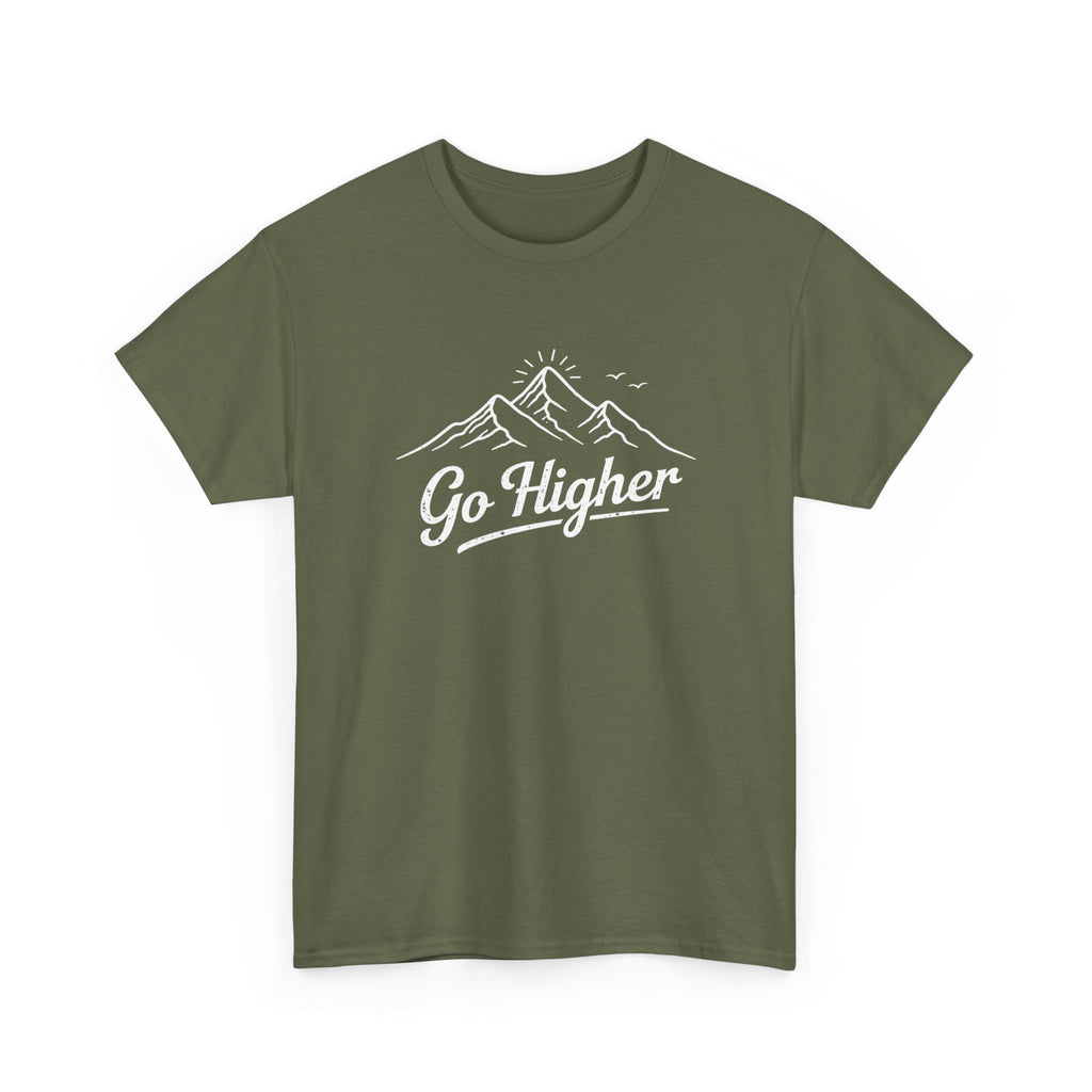 Green t-shirt with 'Go Higher' hiking graphic on a white background