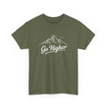 Green t-shirt with 'Go Higher' hiking graphic on a white background