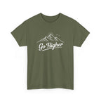 Green t-shirt with 'Go Higher' hiking graphic on a white background