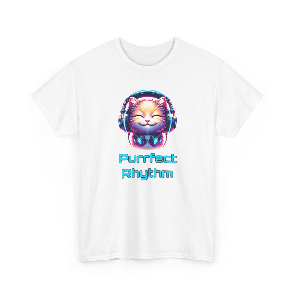 a cat with headphones on, neon pink and blue colors, with the text 'purrfect rhythm'