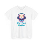 a cat with headphones on, neon pink and blue colors, with the text 'purrfect rhythm'