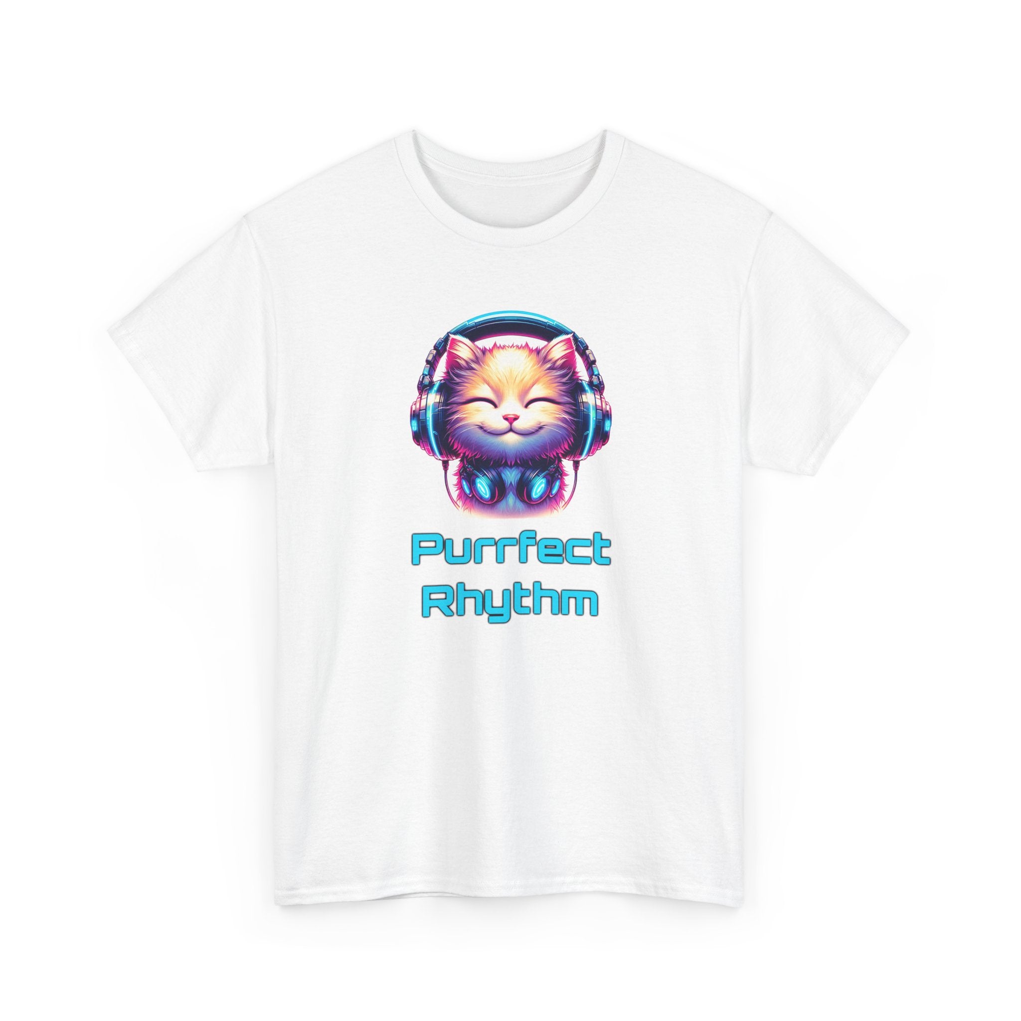 a cat with headphones on, neon pink and blue colors, with the text 'purrfect rhythm'