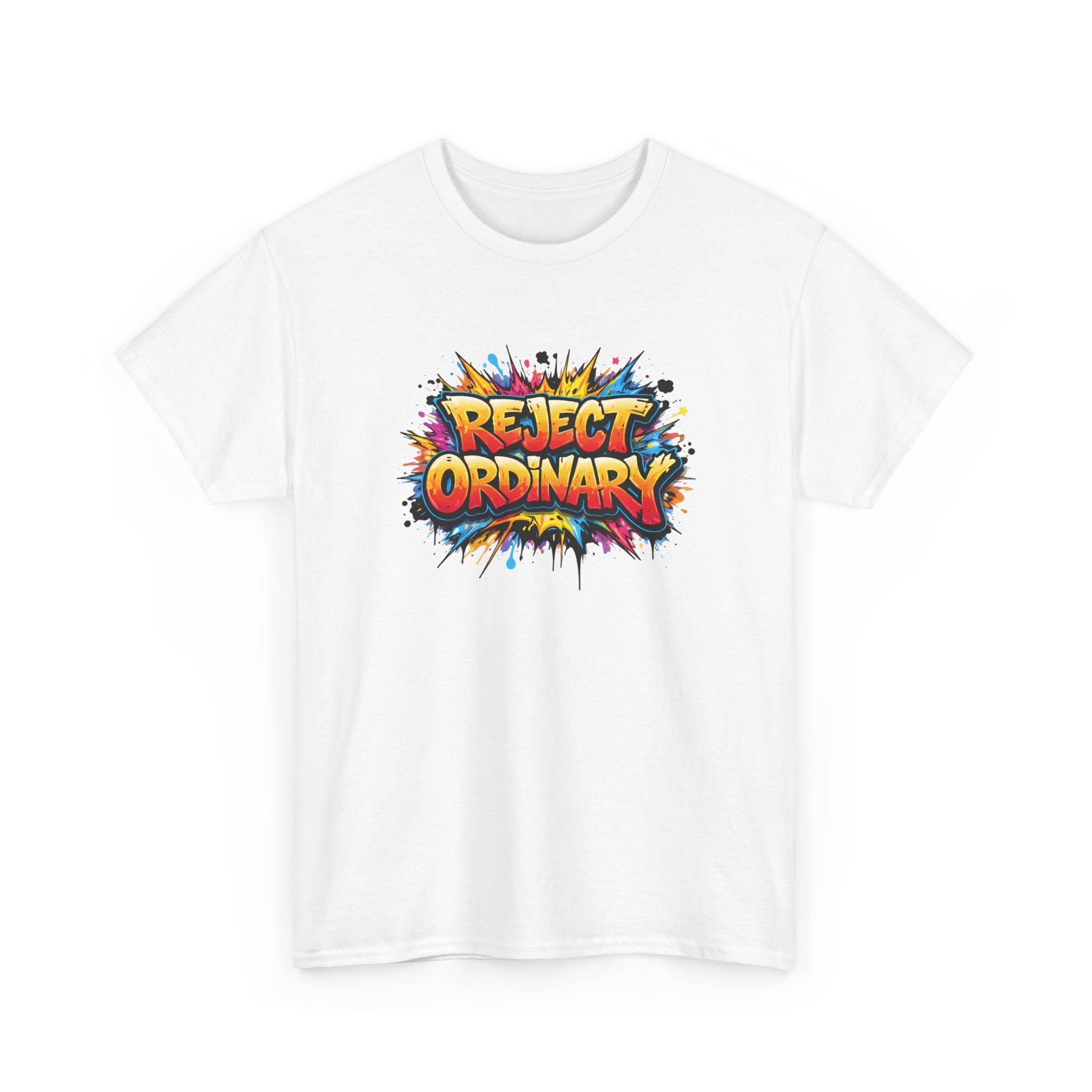 colorful 'Reject Ordinary' graphic design, bold script, graffiti style color explosion