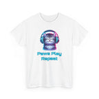 a cat with headphones on, neon pink and blue colors, with the text 'paws, play, repeat'