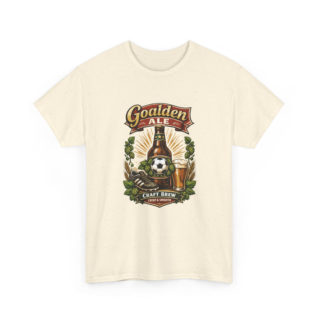 Beige soccer t-shirt with 'Goalden Ale' graphic design on a white background