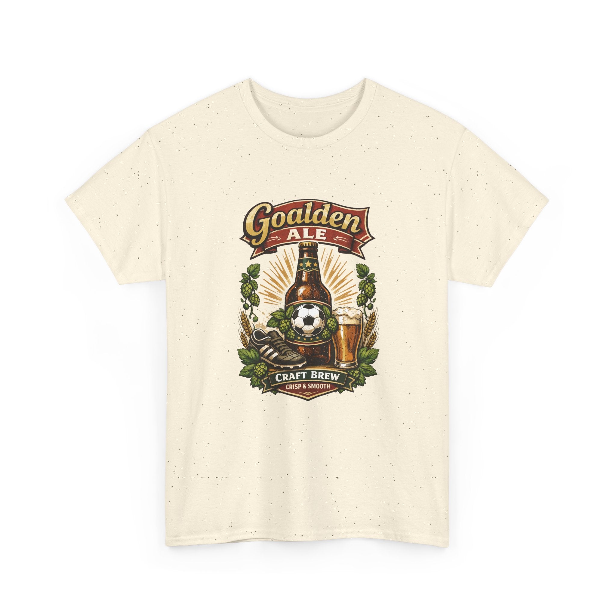 Beige soccer t-shirt with 'Goalden Ale' graphic design on a white background